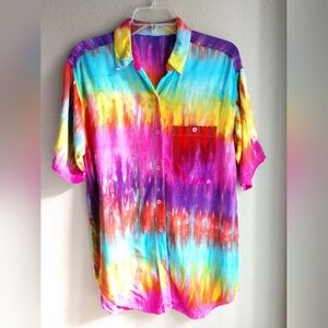 FLAW Tie Dye Women's Camp Shirt Short Sleeve Tunic Length Colorful Size Medium